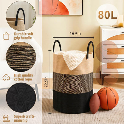 Artfeel Laundry Basket,Woven Cotton Rope Laundry Hamper,60L for Decor Storage of Dirty Clothes,Toys and Blankets in Bathroom,Baby Room and Living Room