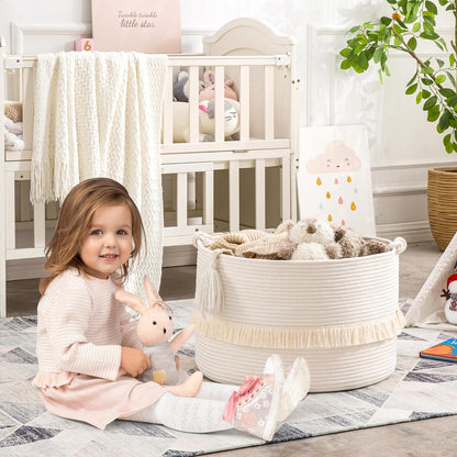 KAKAMAY Large Blanket Basket (20"x13"),Woven Baskets for storage Baby Laundry Hamper, Cotton Rope Blanket Basket for Living Room, Laundry, Nursery, Pillows, Baby Toy chest (White/Brown)