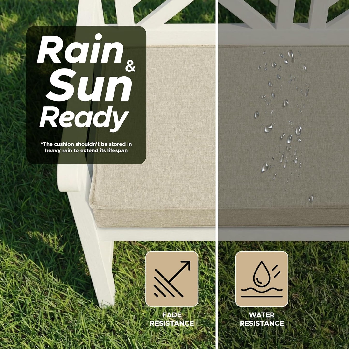 Outdoor Bench Cushion, Water-Resistant & Fade-Resistant, Porch Swing Cushions with Ties, Patio Furniture Seat Pads for Garden Loveseat Settee, Removable Cover Non-Slip Bottom, 48 x 16 Inch, Natural