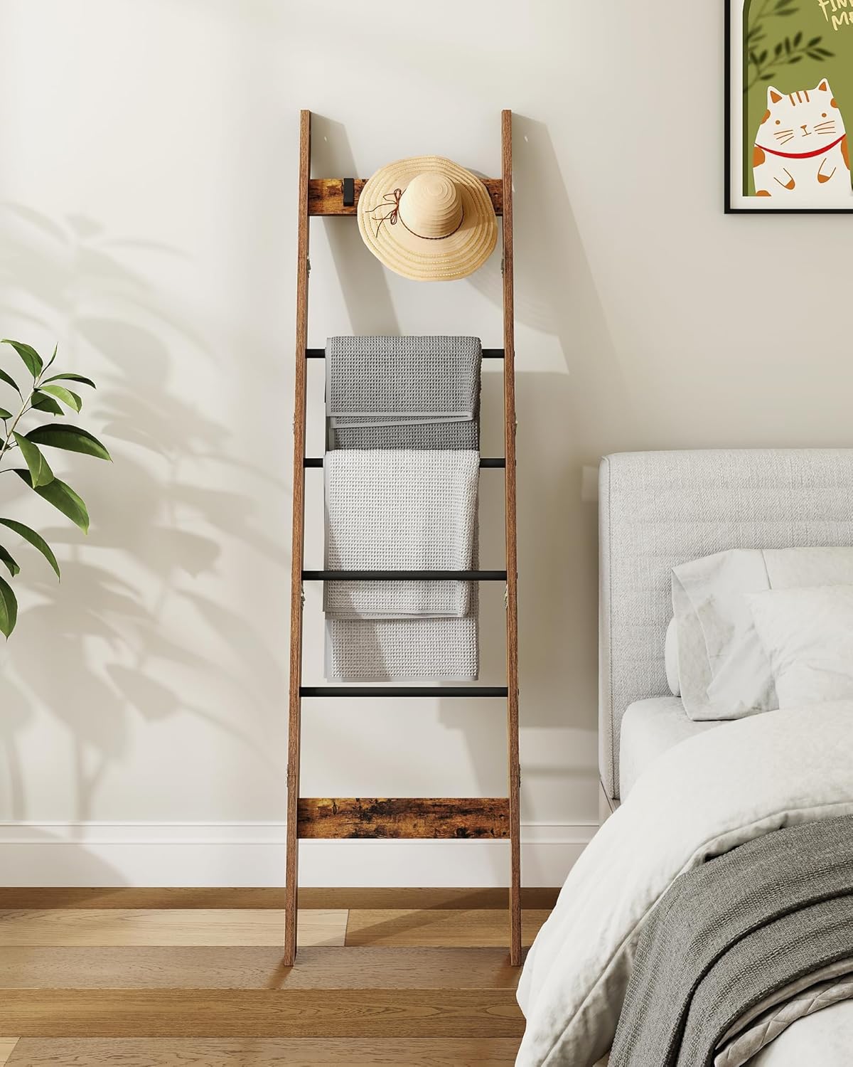 Hzuaneri Blanket Ladder for Living Room, Decorative Quilt Rack with 4 Removable Hooks, 5-Tier Farmhouse Ladder Holder Shelf Organizer for Bedroom, Rustic Brown and Black 02101BBR
