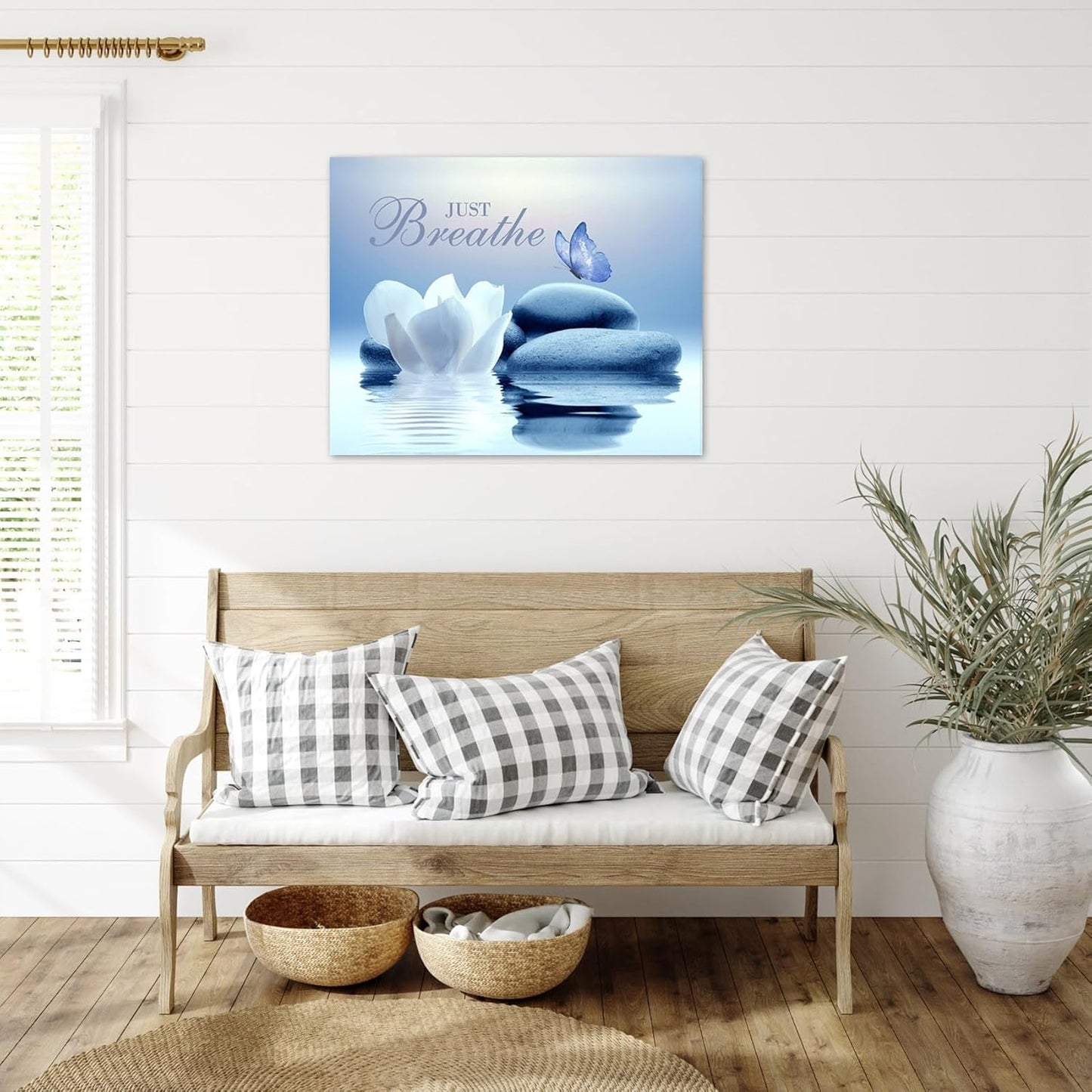 EOBTAIN Zen Flower Canvas Wall Art Bathroom Butterfly and Water Lily Stone Relaxing Spiritual Yoga Framed Wall Art Just Breathe Pictures Canvas Wall Decor for Living Room Bedroom,12x16 Inches