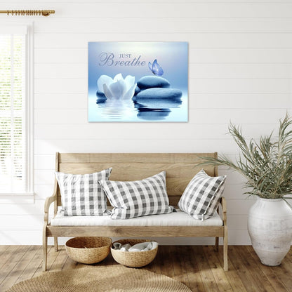 EOBTAIN Zen Flower Canvas Wall Art Bathroom Butterfly and Water Lily Stone Relaxing Spiritual Yoga Framed Wall Art Just Breathe Pictures Canvas Wall Decor for Living Room Bedroom,12x16 Inches