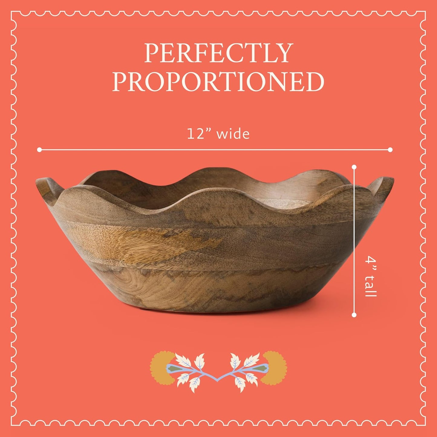 Mela Artisans 12-Inch Mango Wood Scalloped Bowl - Hand-Finished Decorative Serving and Fruit Bowl with Natural Grain for Kitchen Counter, Snacks, Desserts, Bread and Home Decor Centerpiece