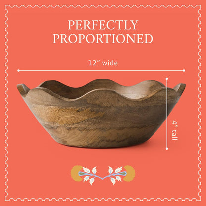 Mela Artisans 12-Inch Mango Wood Scalloped Bowl - Hand-Finished Decorative Serving and Fruit Bowl with Natural Grain for Kitchen Counter, Snacks, Desserts, Bread and Home Decor Centerpiece