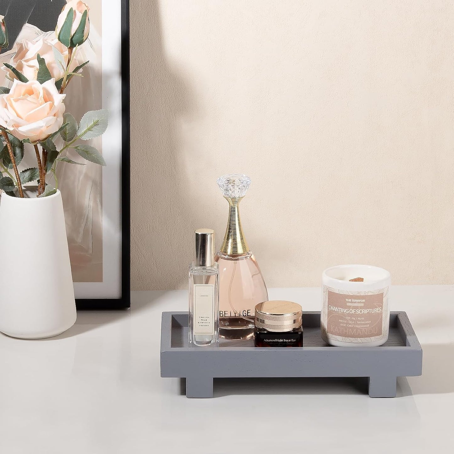 Decorative Tray Small Pedestal Stand Farmhouse Bathroom Decor Wooden Riser Display Stand for Vanity, Kitchen Countertop, Sink, 9.4 * 4.7 White