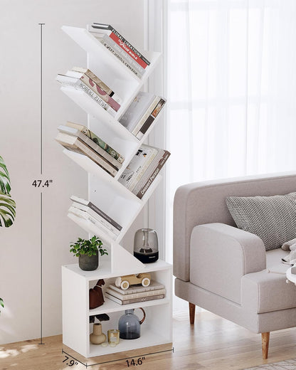 SUNMORY 6 Tier Tree Bookshelf, Small Bookcase with Storage Cabinet, Modern Tall Narrow Bookshelves Organizer, Floor Standing Book Shelf for Bedroom/Living Room/Home Office/Corner, Rustic Brown