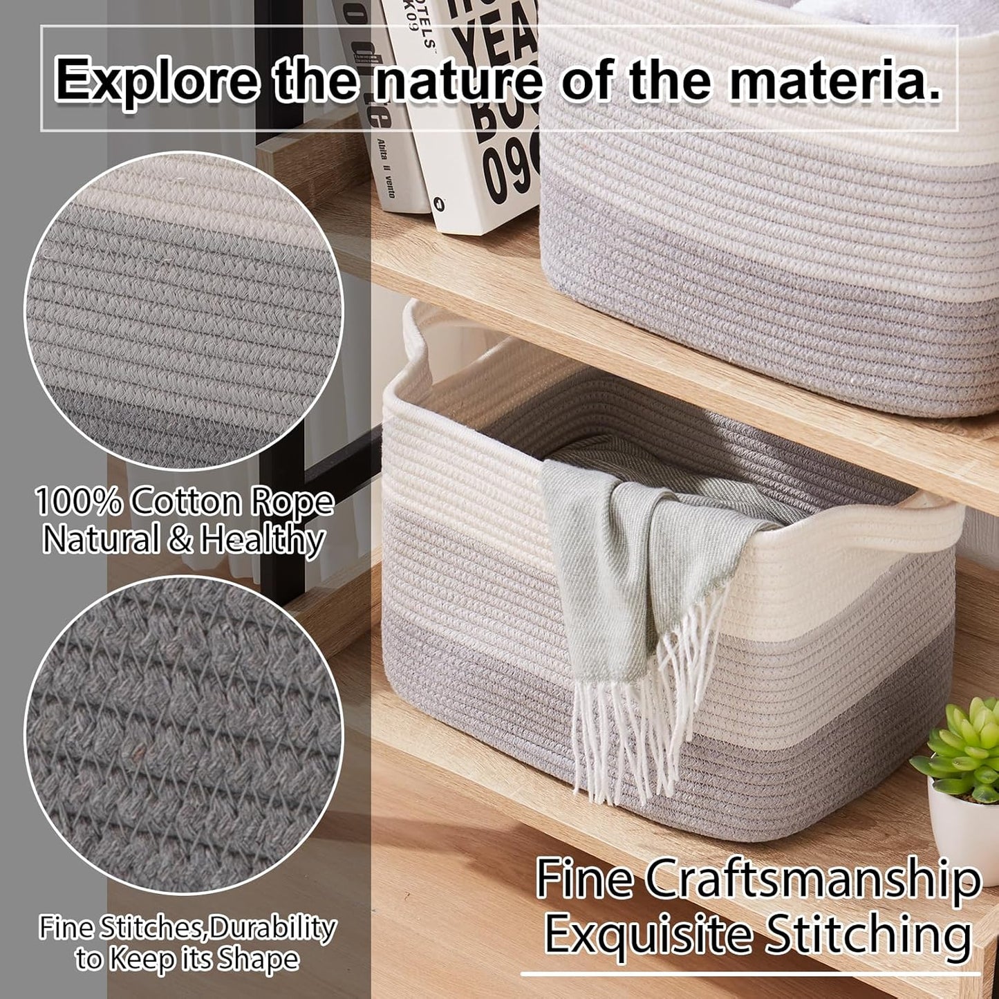 OIAHOMY Storage Basket, Woven Baskets for Storage, Cotton Rope Basket for toys,Towel Baskets for Bathroom - Pack of 3, Gradient Yellow