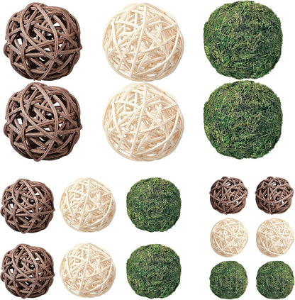 15pcs Decorative Balls for Vase Centerpiece Bowls Orbs Filler Table Decor, 2.4 in Wicker Rattan Balls and Moss Balls Set(Green + Brown + White)