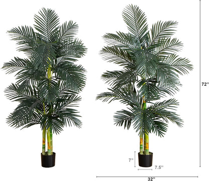 Nearly Natural 6.5ft Artificial Golden Cane Palm Tree, Lifelike Silk Indoor Palm With Three Textured Trunks Flexible Fronds Nursery Planter, Low Maintenance