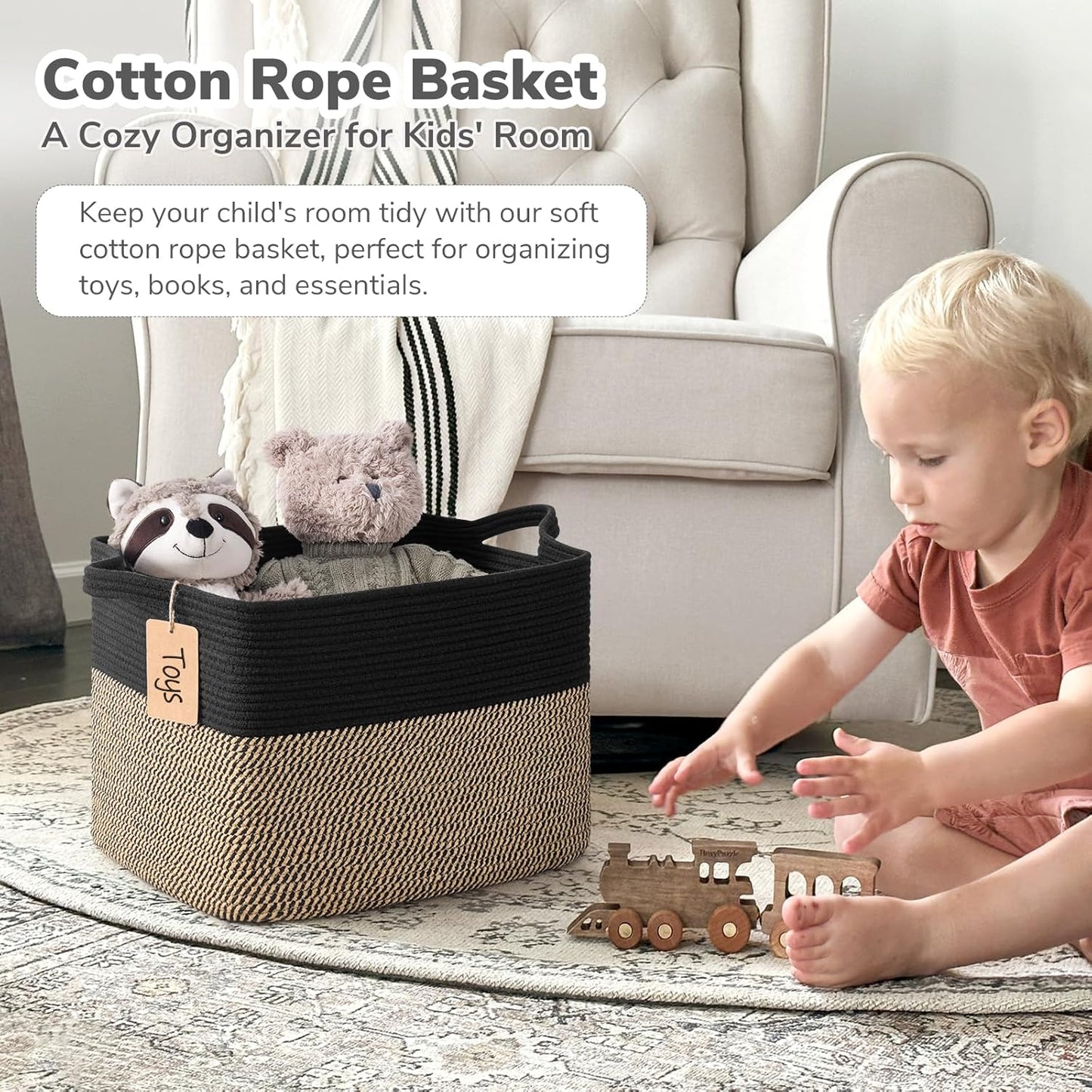 Goodpick Woven Storage Basket, Cotton Rope Basket for Dog Toys, Books, Stylish Gift Basket with Handles, 13 x 10 x 9 Inches Square Baskets for Organizing, Brown and White