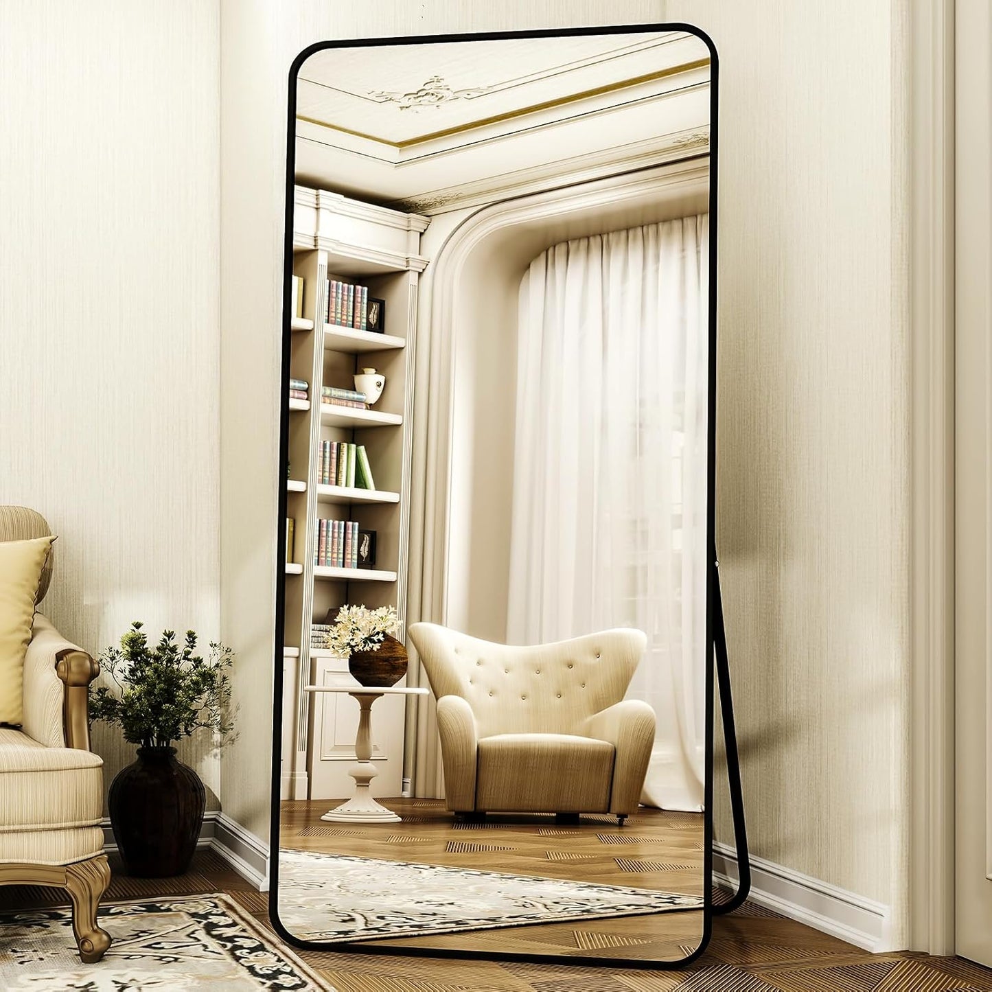 XRAMFY 56"x21" Floor Full Length Mirror Standing Full Body Rounded Corner Rectangle Mirrors with Stand Hanging Wall Mounted Leaning Bedroom Living Room Bedroom Cloakroom,Gold