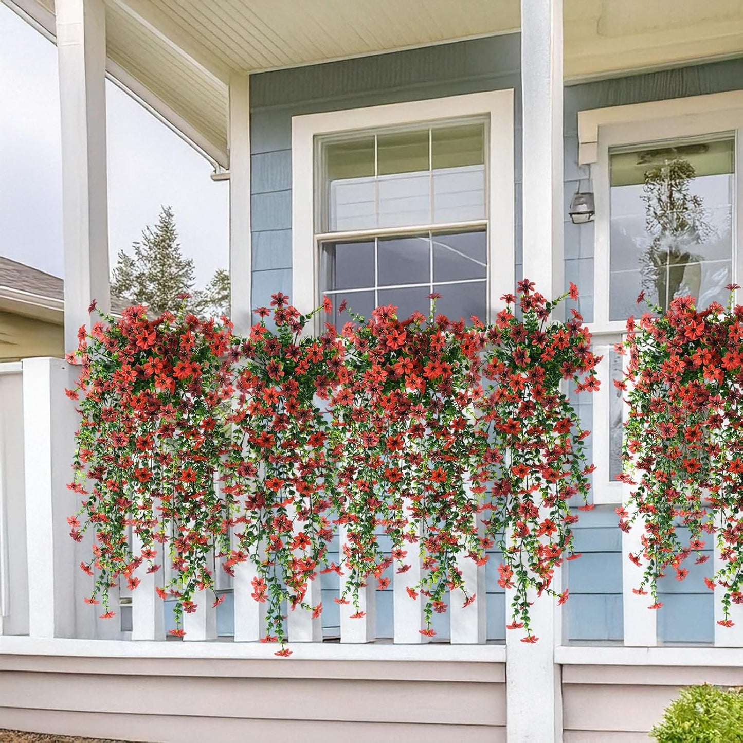 INQCMY Artificial Fake Hanging Flowers Plants for Outdoor Summer Decoration,2 PCS Faux Silk Daisy with Eucalyptus Leaves,UV Resistant Look Real for Outside Home Planter Porch Patio Balcony Yard Decor