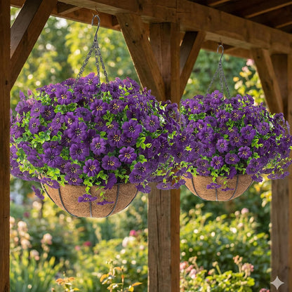 Hananona 2 Set Artificial Outdoor Flowers with Hanging Basket, 2 Hanging Planters with 24 Pcs Flowers for Spring Summer Front Porch Garden Patio Home Decor (2, Red, Purple, Yellow, Rose Red)