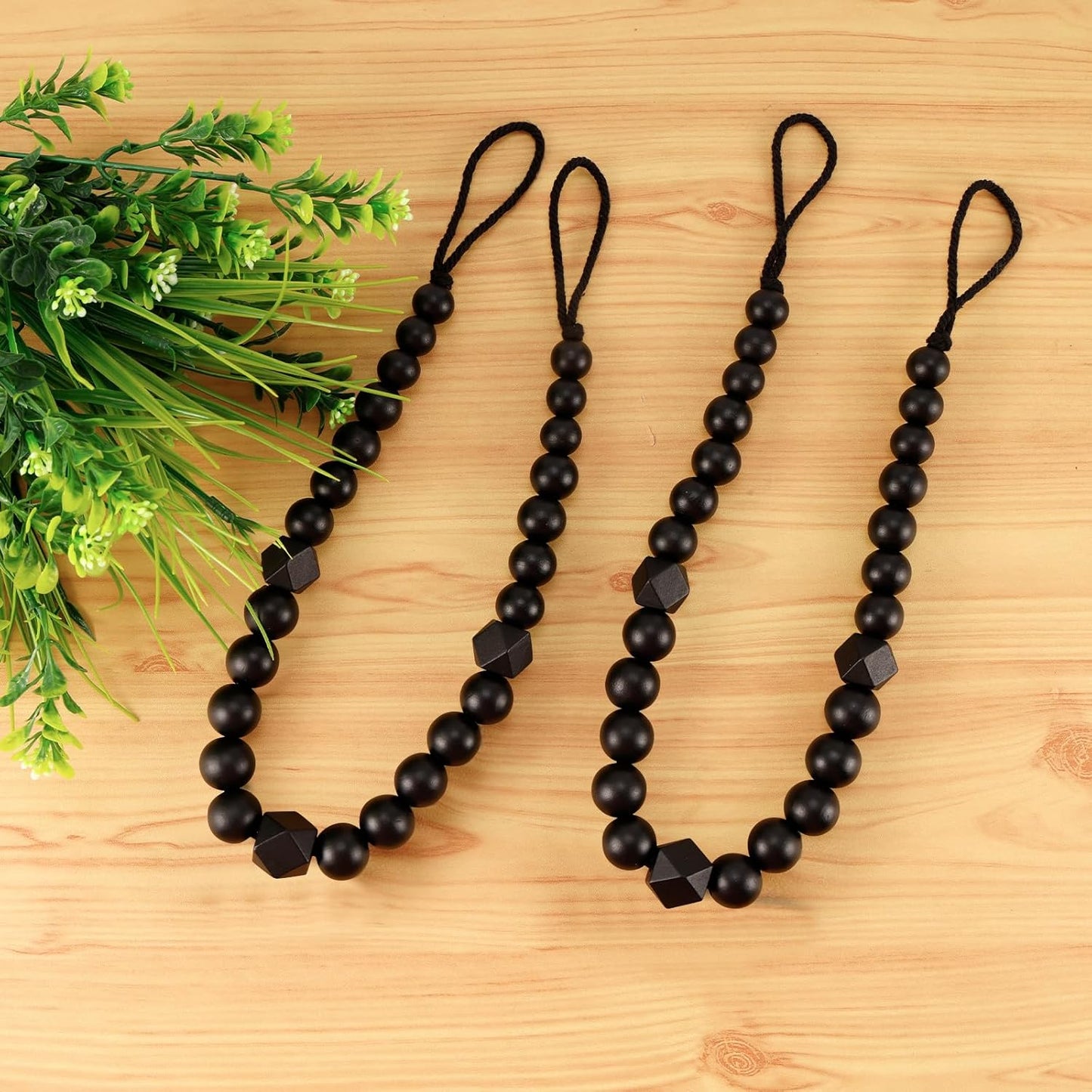 Wood Bead Curtain Tiebacks, KLOGTSIND Set of 2 Curtain Holdbacks for Thin or Thick Window Draperies, Boho Farmhouse Curtain Tiebacks with Hooks, Curtain Tie Backs for Home Office Room Decor