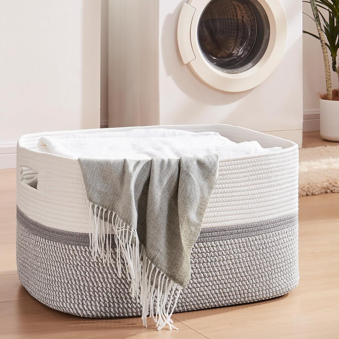 OIAHOMY Large Blanket Basket, 22”x17”x12” Rectangle Woven Baskets, Nursery Blanket Storage Living Room, Toy Storage With Handle, Large Baskets for Organizing-Gradient Yellow