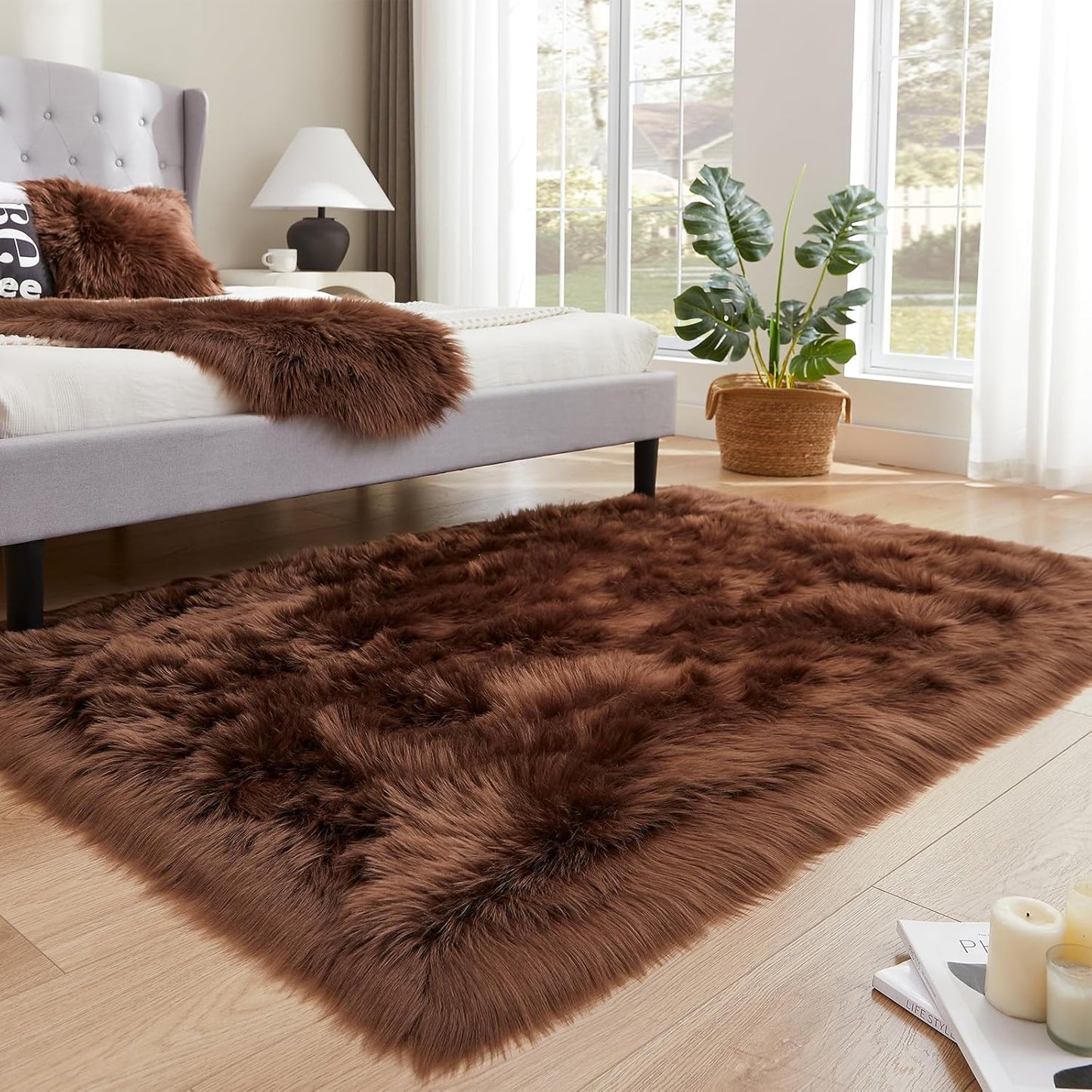 EasyJoy Ultra Soft Fluffy/Fuzzy Shaggy Area Rug Faux Fur Chair Cover Seat Pad for Bedroom Floor Sofa Living Room (2 x 6 ft Sheepskin, Beige)