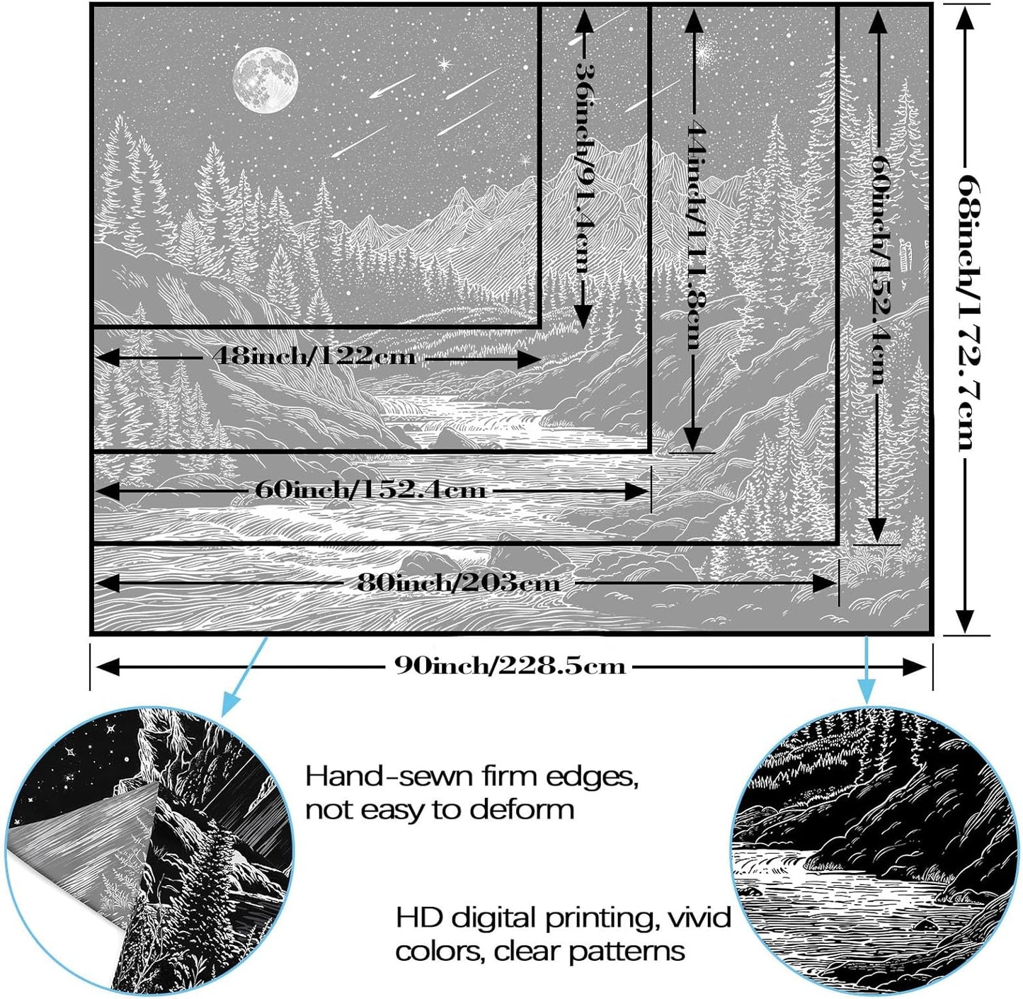 Zussun Black and White Tapestry Starry Night Mountain Tapestries for Bedroom Aesthetic Moon and Stars Tapastry's Wall Hanging Dark Nature Forest Wall Tapestry for Living Room Dorm (48'' × 36'')