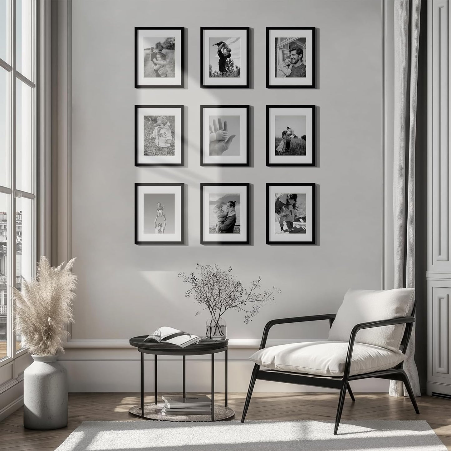 eletecpro 12x12 Picture Frames Set of 9 with Clear Acrylic Cover, Display 8x8 Photos with Mat or 12x12 Without, Classic and Sturdy Square Collage Gallery Wall Decor, Easy Wall Mount, Black