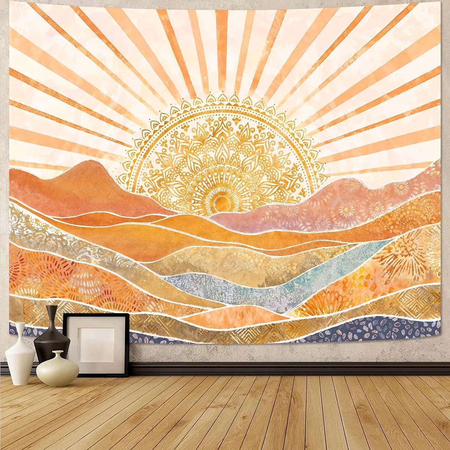 Lunerfex Bohemian Mandala Sunrise Wall Tapestry, Abstract Mountain Scenery Tapestries for Home Decor, Boho Tapestry 48x36 Inch