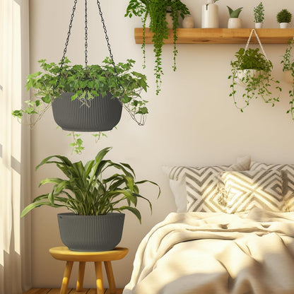 T4U 10 Inch Hanging Planters for Indoor Plants, 2 Pack White Self Watering Hanging Plant Pot, Hanging Pots Set with Drainage Hole & Plug & Chain with 3 Hooks for Garden Home Decor