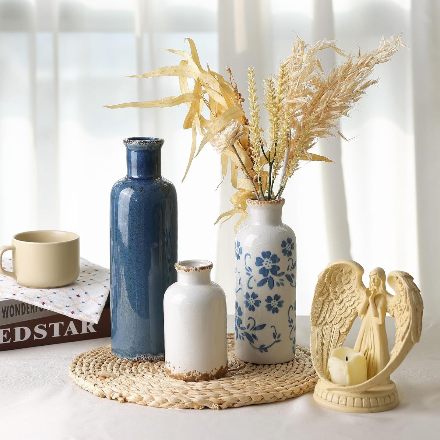 Modern Ceramic Vase Set of 5, Vases Home Decor Rustic Farmhouse Decorative Vase Pottery Vases for Bouquet Pampas Grass Dried Fresh Flowers, Table Living Room Kitchen Bedroom