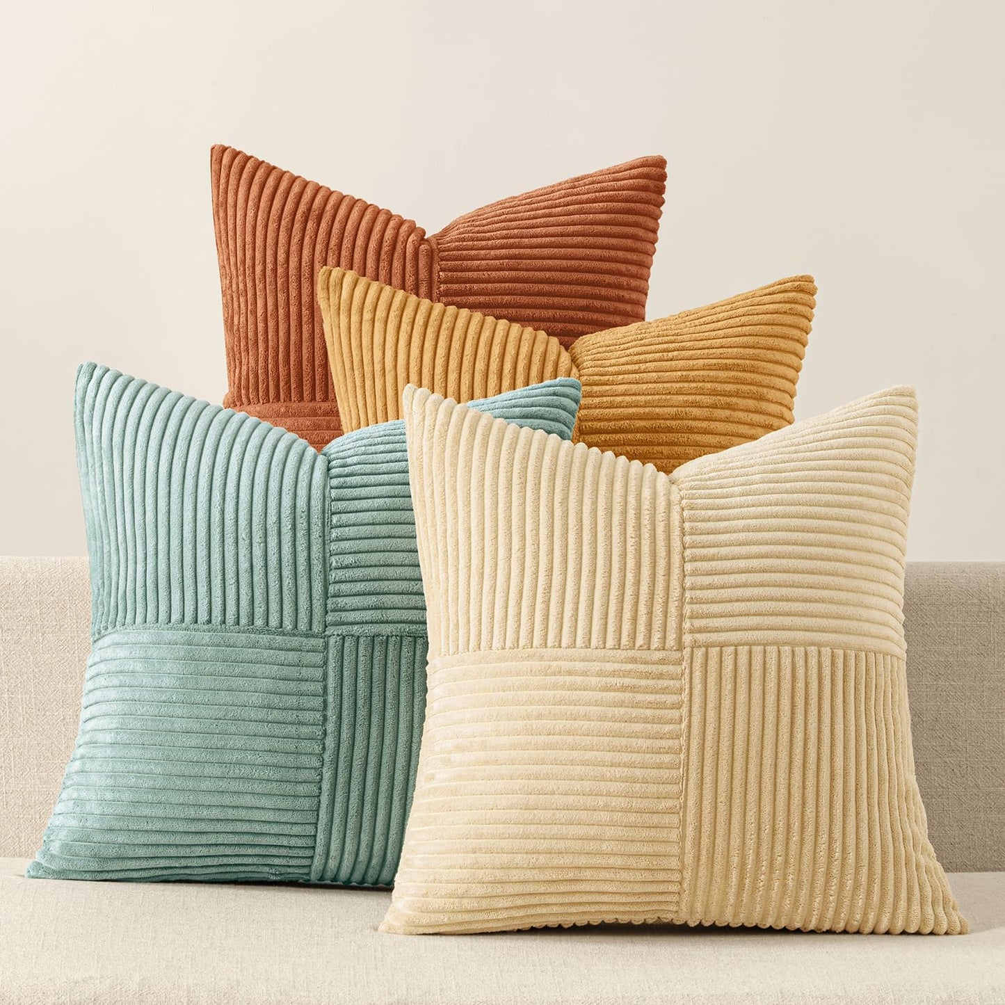 MIULEE Teal Orange Decorative Throw Pillow Covers 18x18 Inch Set of 4 Boho Corduroy Striped Cushion Cases Modern Farmhouse Patchwork Pillow Cases for Couch Sofa Bedroom Home Decor