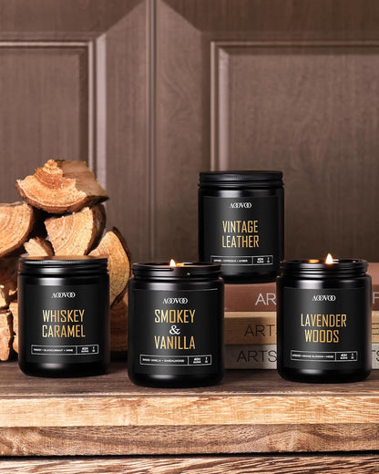 AOOVOO Scented Candles for Men - 4 Pack Candles for Home Scented, 36oz Soy Wax, 200 Hour Burn Time, Men Candle Set, Sandalwood Oud/Mahogany Teakwood/Smoke Vanilla/Jasmine Candle Set A