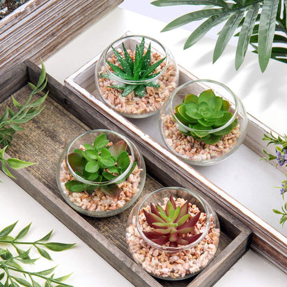 Briful Mini Fake Plants 4 Packs Succuletns Artificial Potted Plants in Cube Glass Vase Faux Succulents for Bathroom Living Room Kitchen Shelf Table Decor