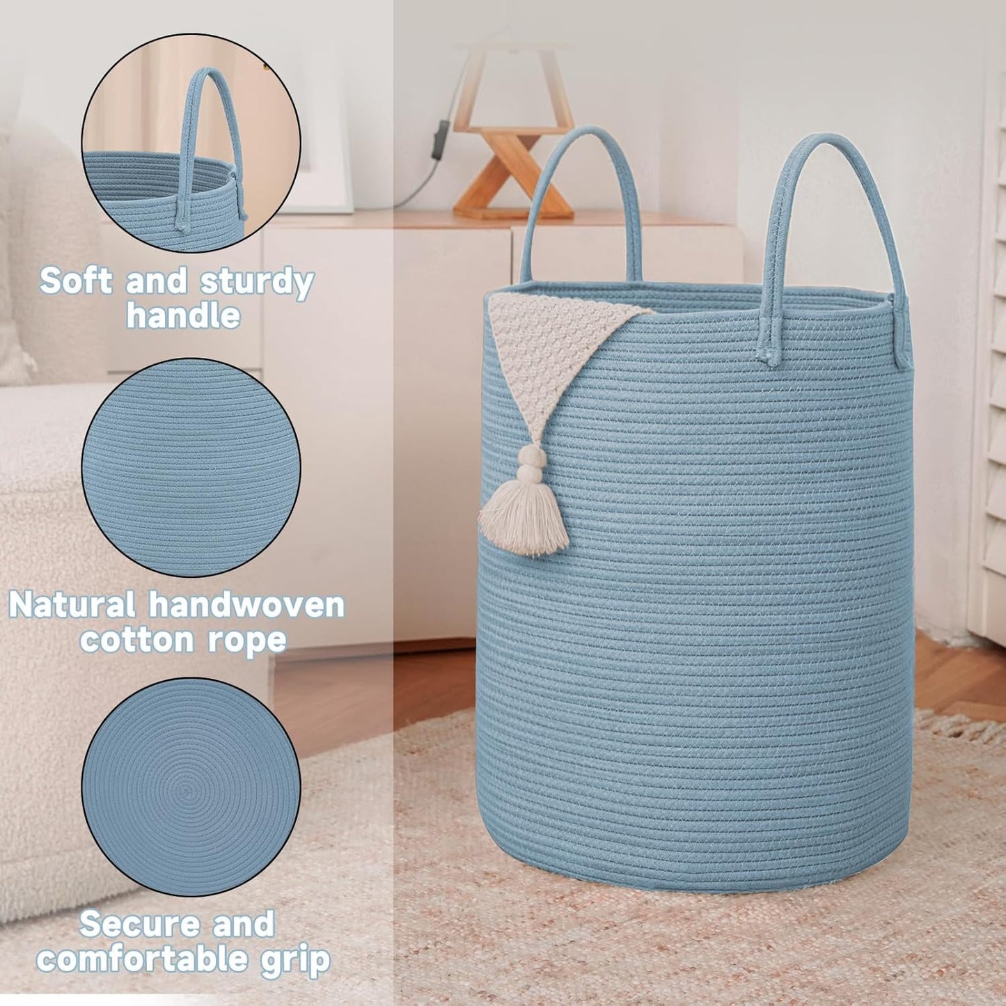 JMvicyroam Large Woven Laundry Basket Hamper,60L Cotton Rope Storage Bin for Blankets,Toys and Clothes,Decorative Tall Nursery Hamper for Living Room,Baby Nursery,Bathroom and Bedroom,Brown