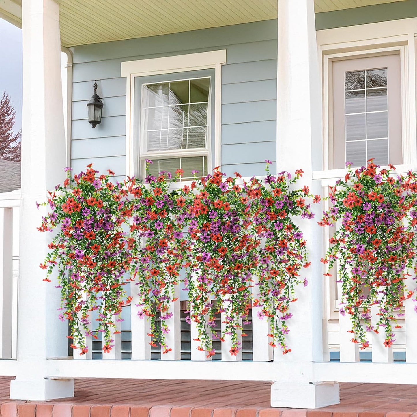 INQCMY Artificial Fake Hanging Flowers Plants for Outdoor Summer Decoration,2 PCS Faux Silk Daisy with Eucalyptus Leaves,UV Resistant Look Real for Outside Home Planter Porch Patio Balcony Yard Decor