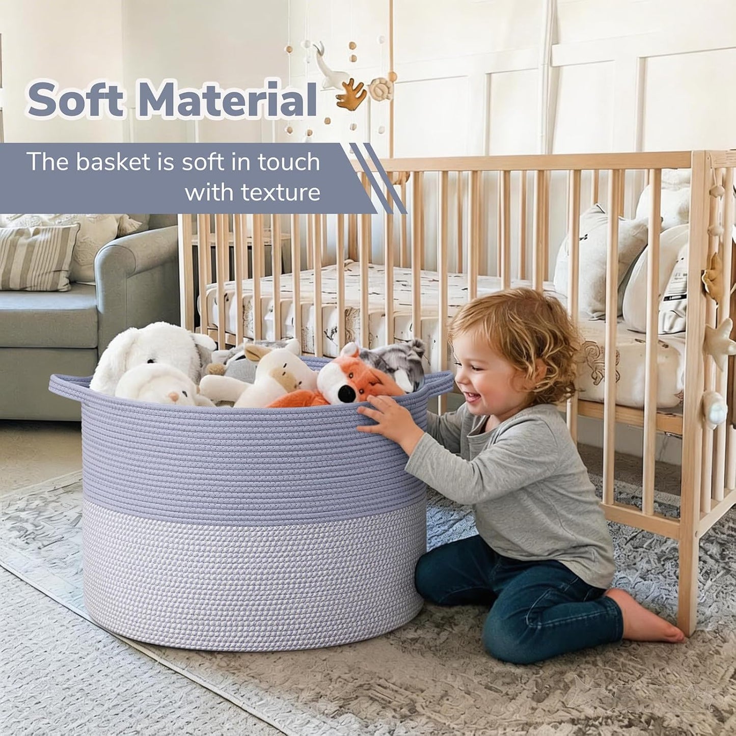 INDRESSME XXXLarge Blanket Basket for Living Room 21.7" x 21.7" x 13.8"-Storage Basket with Handle for Organizing Toy Pillows Woven Cotton Rope Laundry Basket Stuffed Animal Toy Storage for Play Room