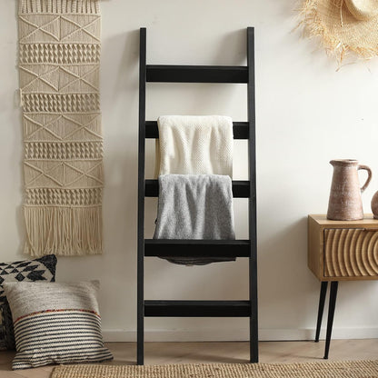 FUIN 5ft (58") Wood Blanket Ladder Living Room Decorative Wall Leaning Farmhouse Quilt Display Holder Storage Rustic Wooden Towel Rack for Bathroom, Brown