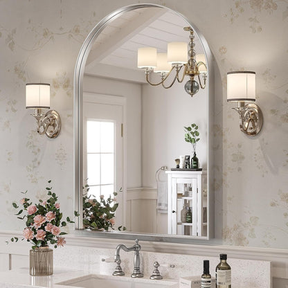 Brightify Arched Mirror, Arched Wall Mirror, 24 x 32 Inch Silver Arch Mirror, Metal Frame Silver Bathroom Mirror, Arched Top Bathroom Vanity Mirror for Living Room Bedroom Mantel Entryway Hallways