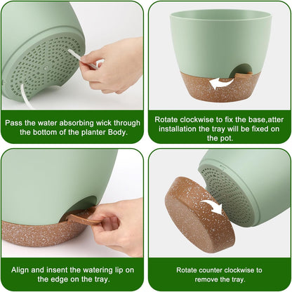 QRRICA Plant Pots 10/9/8/7.5/7 Inch Self Watering Pots, Set of 5 Plastic Planters with Drainage Holes and Saucers,Plastic Flower Pots,Nursery Planting Pot for Indoor Out Door Plants（Green）