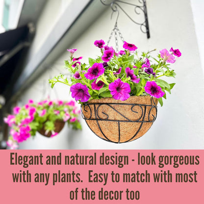 LaLaGreen Hanging Planter for Outdoor Plants (12 Inch, 2 Pack) Hanging Baskets with Coco Liner, Black Metal Wire Flower Basket Pots with Hook Hanger Balcony Porch Farmhouse Country Style Garden Decor