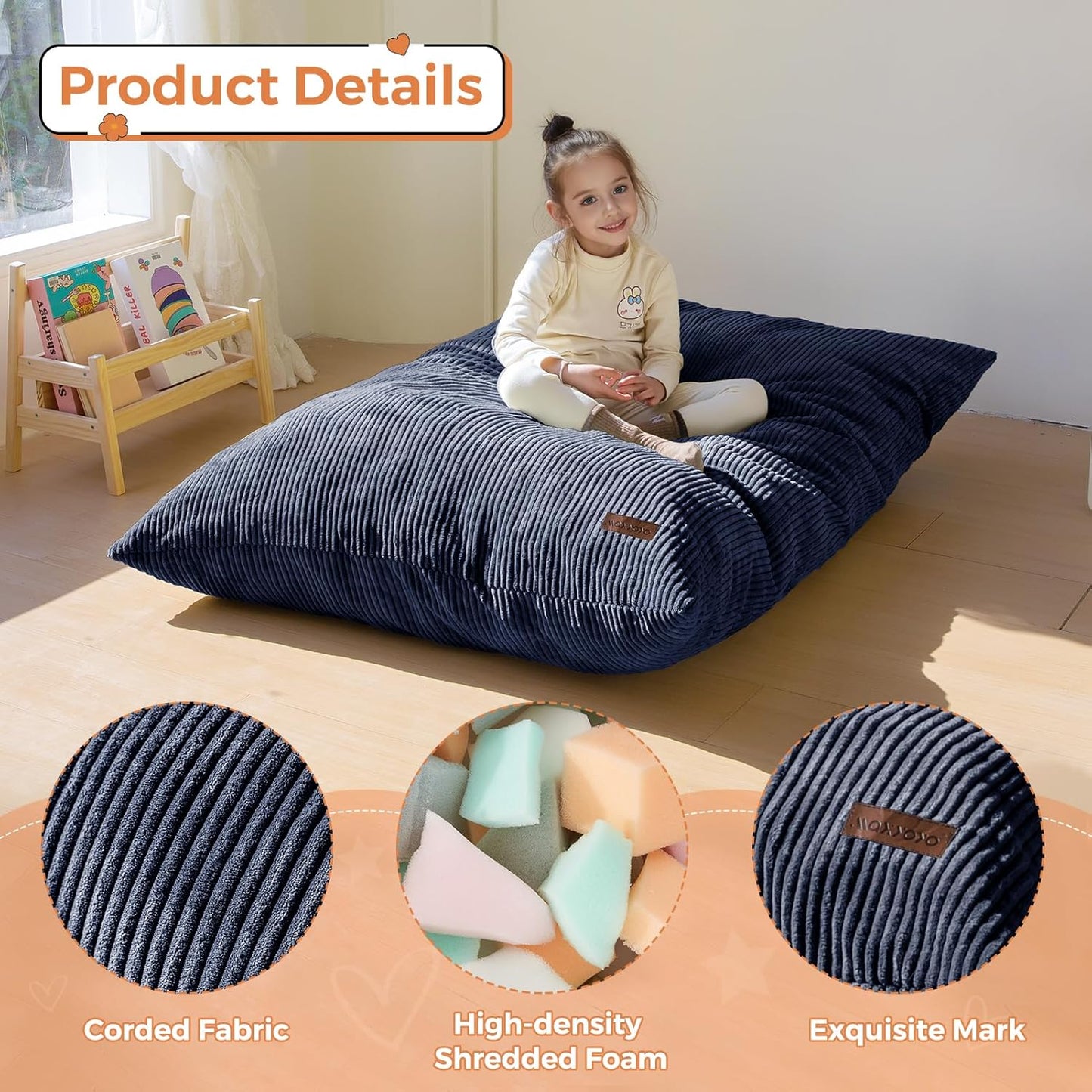 MAXYOYO 3 in 1 Kids Bean Bag Chair Couch, Convertible Chair Folds from Bean Bag to Lounger, Child Floor Sofa for Gaming, Reading, Floor Mattress with High-Density Foam Filling