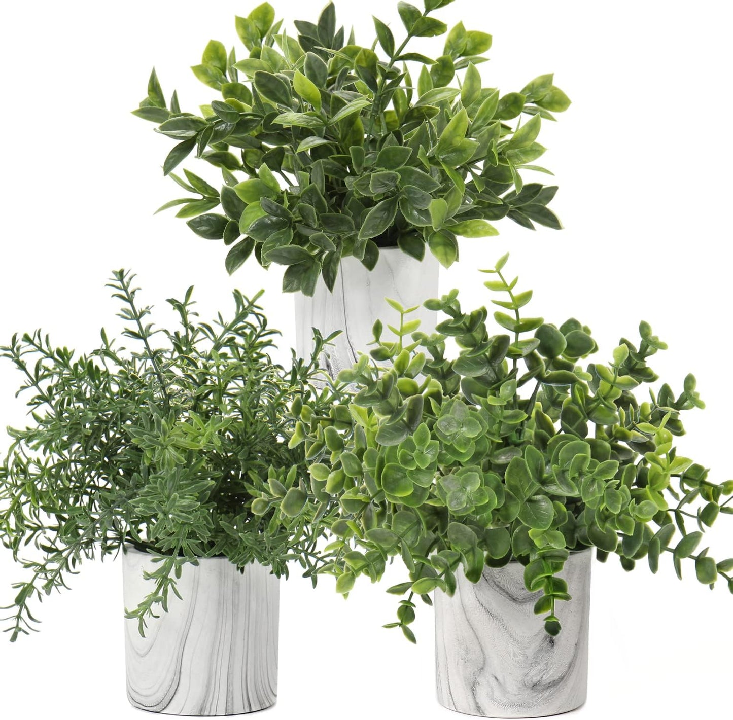 Hollyone Mini Artificial Potted Plants Fake Plants in Marble Pots, 1Pcs Plastic Eucalyptus Greenery Faux Plants for Home Office Desk Room Centerpiece Shelf Décor