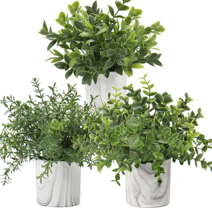 Hollyone Mini Artificial Potted Plants Fake Plants in Marble Pots, 1Pcs Plastic Eucalyptus Greenery Faux Plants for Home Office Desk Room Centerpiece Shelf Décor