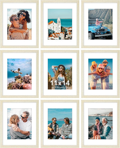 Vittanly 8x10 Picture Frames Set of 9, Shatter Resistant Plexiglass, Display 5x7 Pictures with Mat or 8x10 without Mat, Photo Frames for Wall or Tabletop, Engineered Wood, Black - Colors A