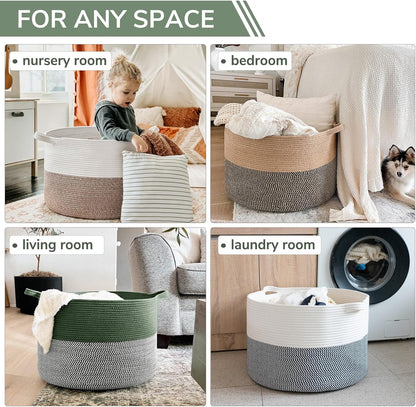 INDRESSME XXXLarge Blanket Basket for Living Room 21.7" x 21.7" x 13.8"-Storage Basket with Handle for Organizing Toy Pillows Woven Cotton Rope Laundry Basket Stuffed Animal Toy Storage for Play Room