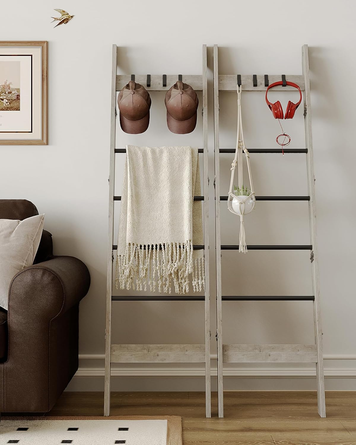 Hzuaneri Blanket Ladder for Living Room, Decorative Quilt Rack with 4 Removable Hooks, 5-Tier Farmhouse Ladder Holder Shelf Organizer for Bedroom, Rustic Brown and Black 02101BBR