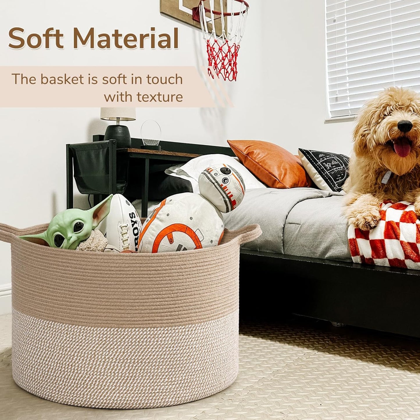 INDRESSME XXXLarge Blanket Basket for Living Room 21.7" x 21.7" x 13.8"-Storage Basket with Handle for Organizing Toy Pillows Woven Cotton Rope Laundry Basket Stuffed Animal Toy Storage for Play Room