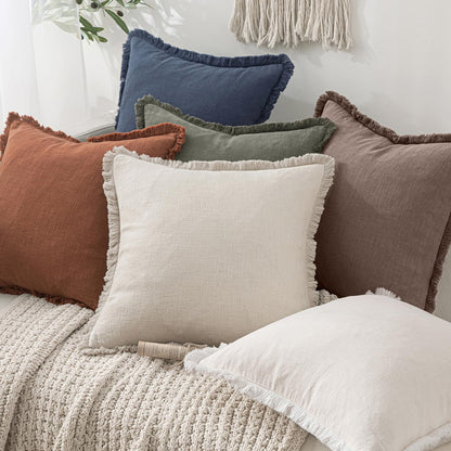 MIULEE Decorative Throw Pillow Covers Neutral Linen Fringe Throw Pillows Set of 2 Natural Beige Boho Farmhouse Cushion Covers with Tassels for Couch Sofa Bed Spring Home Decor 20x20 Inch