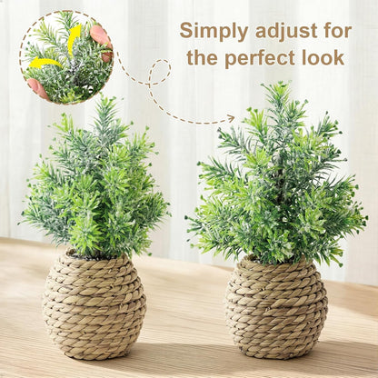 Small Fake Potted Plants: 9 Inches Artificial Plants with Seagrass Handwoven Planters, Indoor Farmhouse Spring Decorations, Eucalyptus Plant for Home Bathroom Office Shelf Tabletop Desk Room Decor