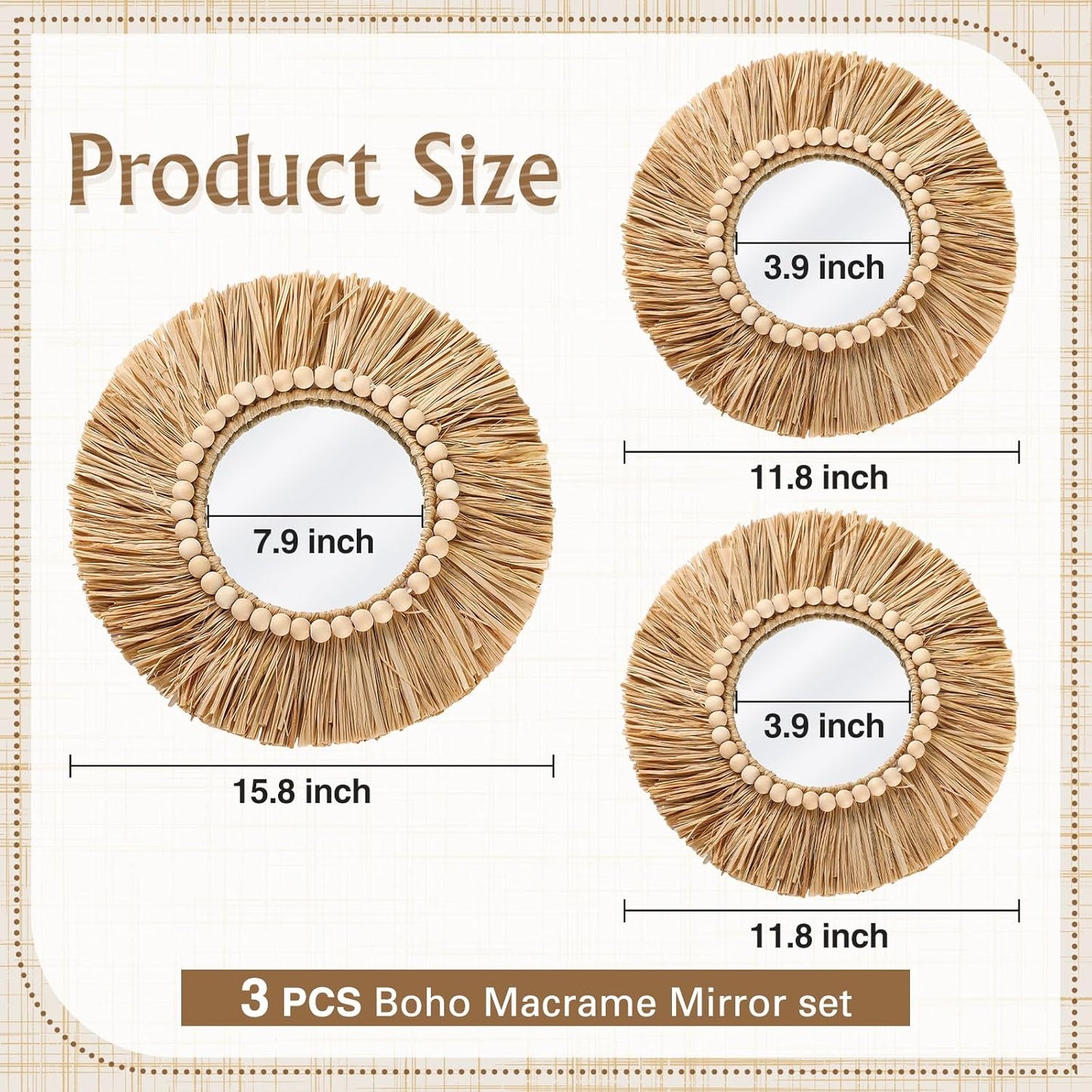 3 Pcs Boho Raffia Mirror Wall Hanging Decor 15.8 Inch 11.8 Inch Rustic Round Boho Circle Mirrors with Wood Bead Farmhouse Aesthetic Nursery Mirrors for Bedroom Living Room Bathroom Wall Decor