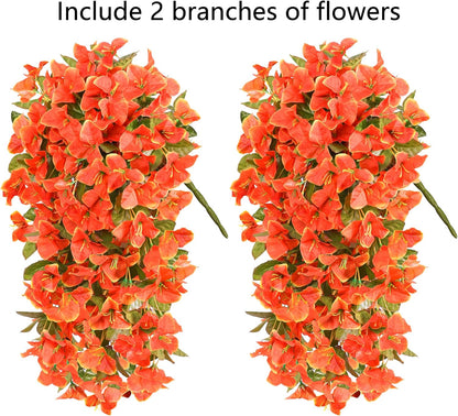 Faux Bougainvillea Artificial Flowers Plants for Outdoor Outside Decoration, 2 PCS Red Fake Flowers UV Resistant Look Real Silk Long Trailing Vines for Front Door Porch Planter Urn Patio Garden Yard