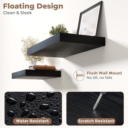72 Inch Long Floating Shelves for Wall Set of 2, 12"D Wood Grain Bathroom Shelves with Invisible Brackets, Easy Install Engineered Wood Storage Shelves for Kitchen, Living Room, Bedroom, Black Finish