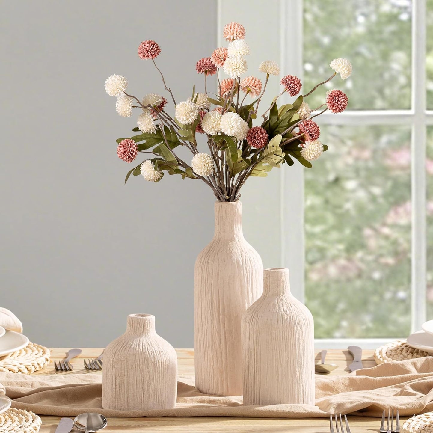 Ceramic Vase Home Table Decor - Flower Vase Set of 3 Living Room Kitchen Decorations Farmhouse Modern Rustic Vases Decorative Centerpiece for Shelf Bedroom Office Bathroom Dining Coffee Desk