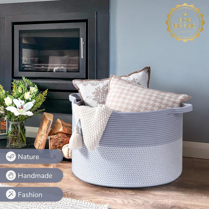 INDRESSME XXXLarge Blanket Basket for Living Room 21.7" x 21.7" x 13.8"-Storage Basket with Handle for Organizing Toy Pillows Woven Cotton Rope Laundry Basket Stuffed Animal Toy Storage for Play Room