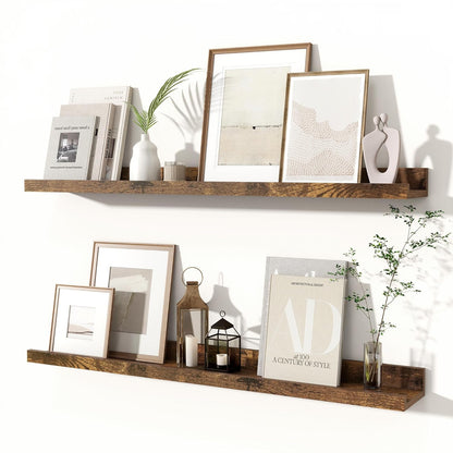 Fun Memories Picture Ledge Shelves Set of 2, 32 Inch Rustic Wall Mounted Floating Shelves with Lip for Home Storage and Décor in Bathroom, Kitchen, Nursery, Bedroom, Living Room, Walnut